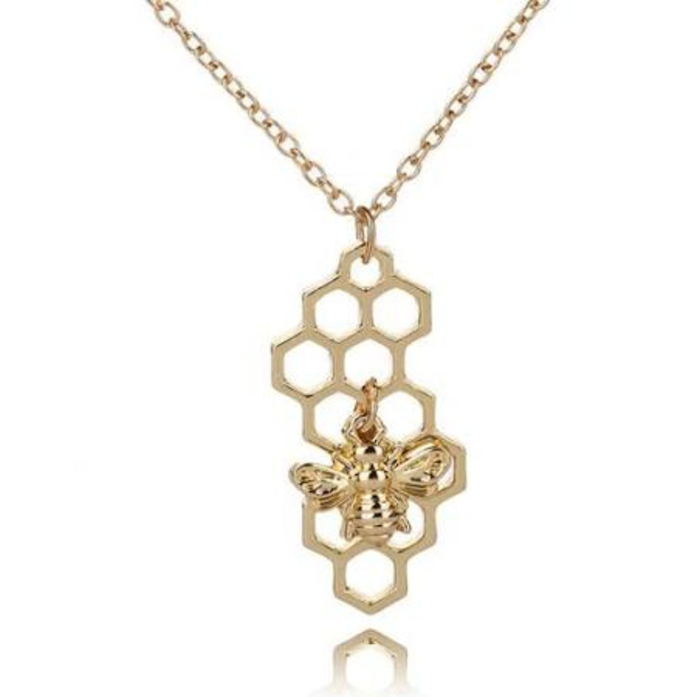Bee & Honeycomb Pendant Necklace in Gold